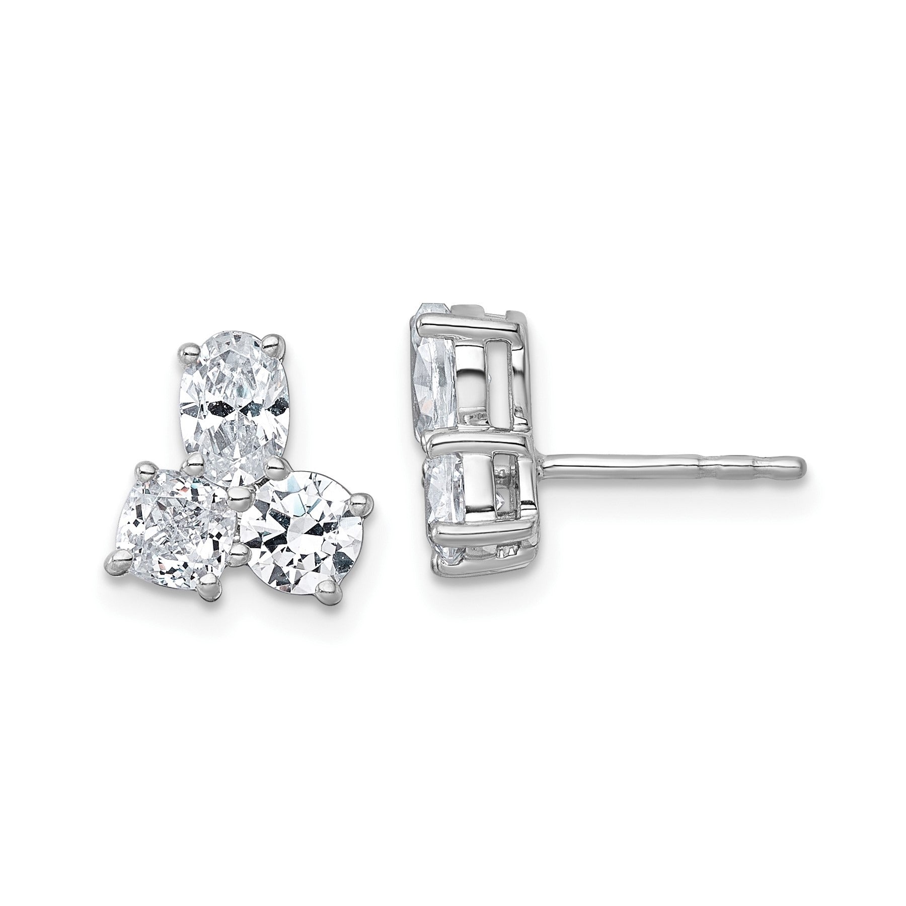 14K White Gold Lab Grown Diamond Cushion Three Stone Post Stud Earrings 1.875 Ct