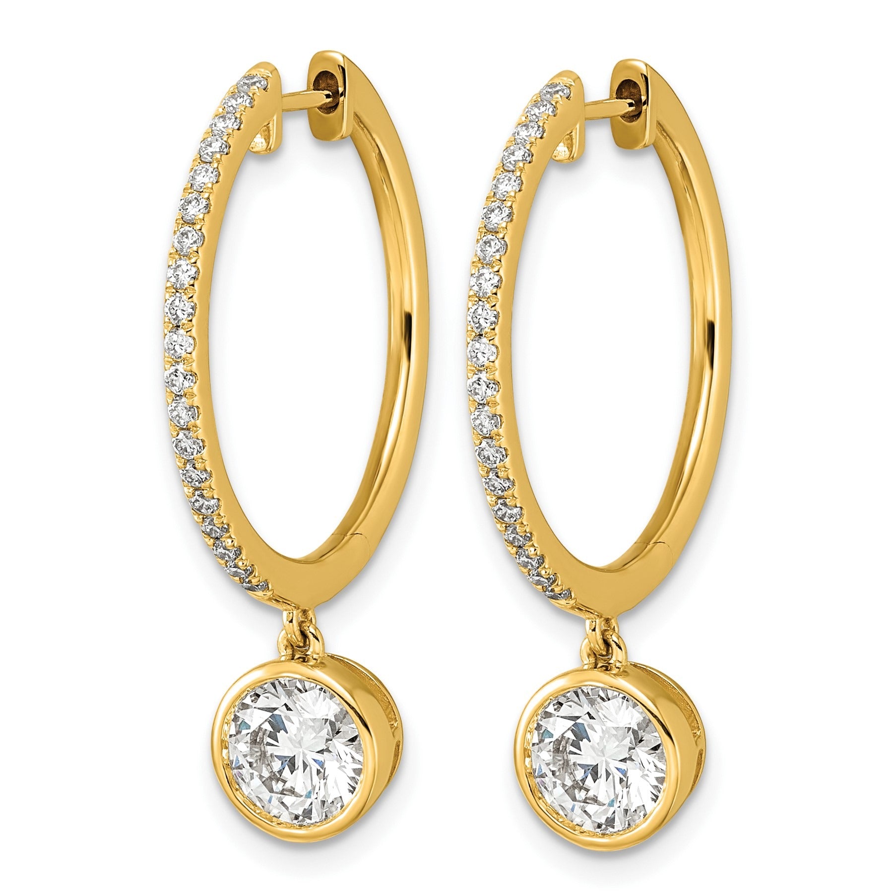 14k Yellow Gold Round Bezel Dangle Lab Grown Diamond Hoop Earrings