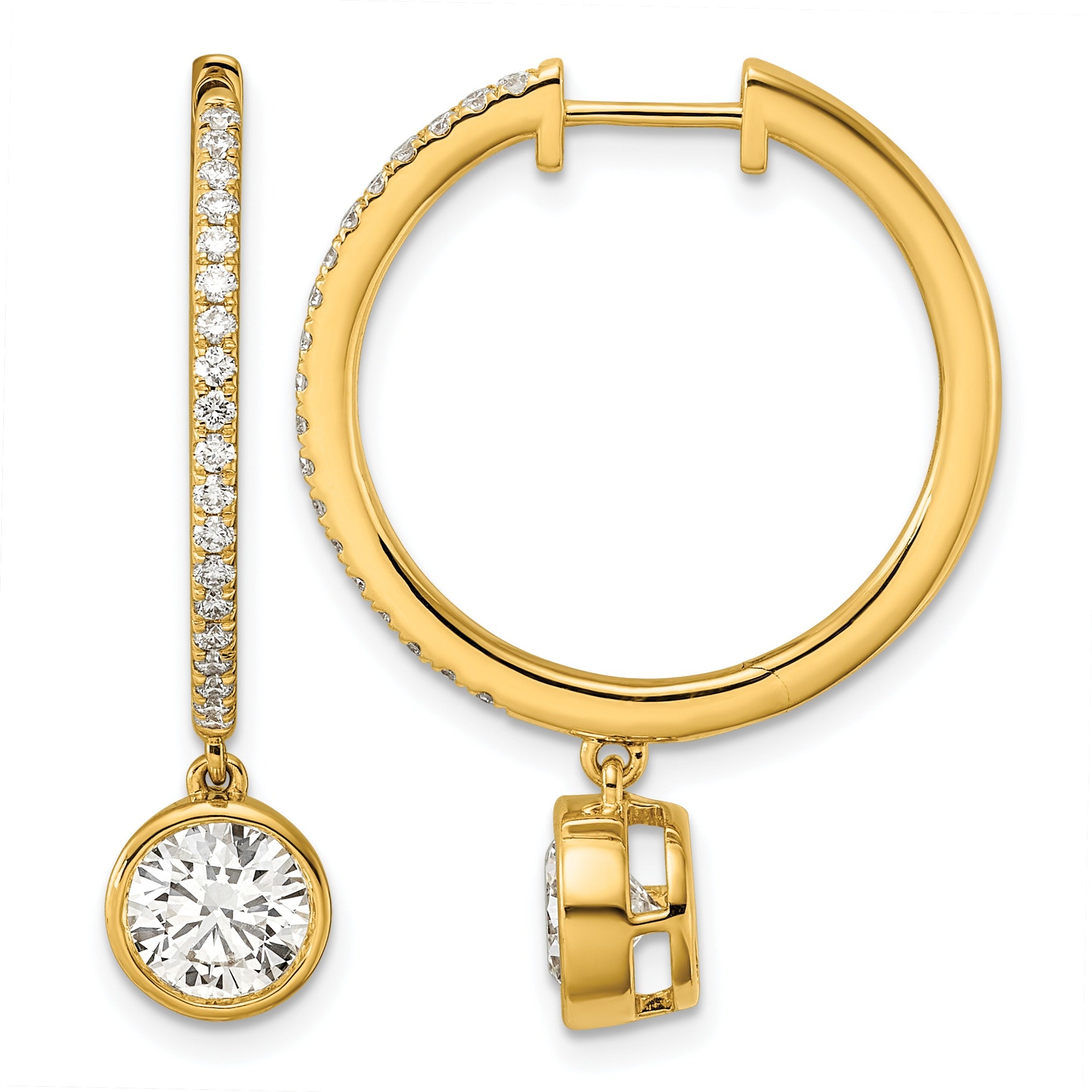 14k Yellow Gold Round Bezel Dangle Lab Grown Diamond Hoop Earrings