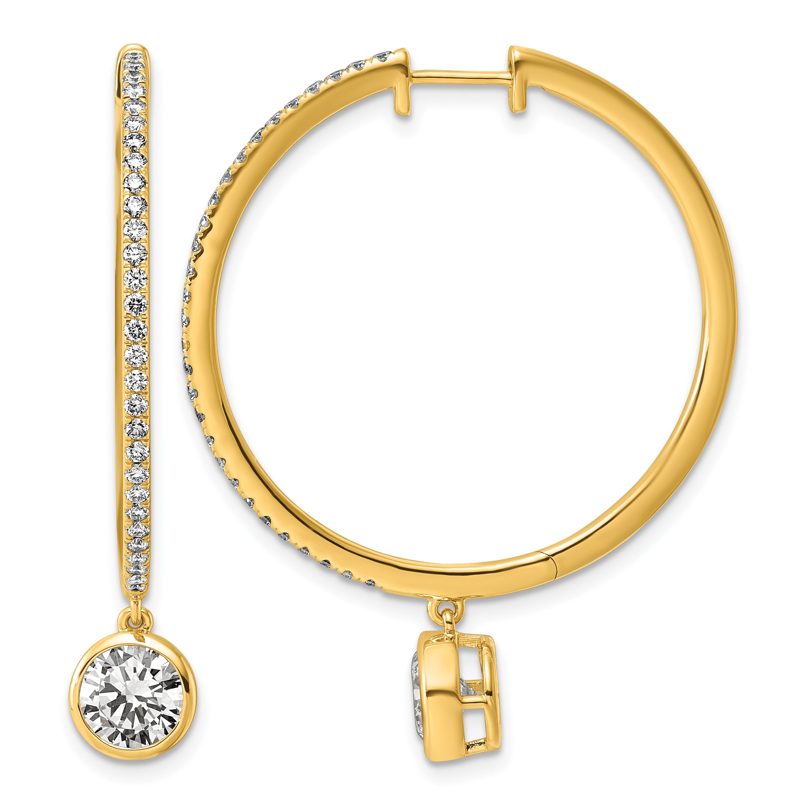 14k Yellow Gold Round Bezel Dangle Lab Diamond Hoop Earrings