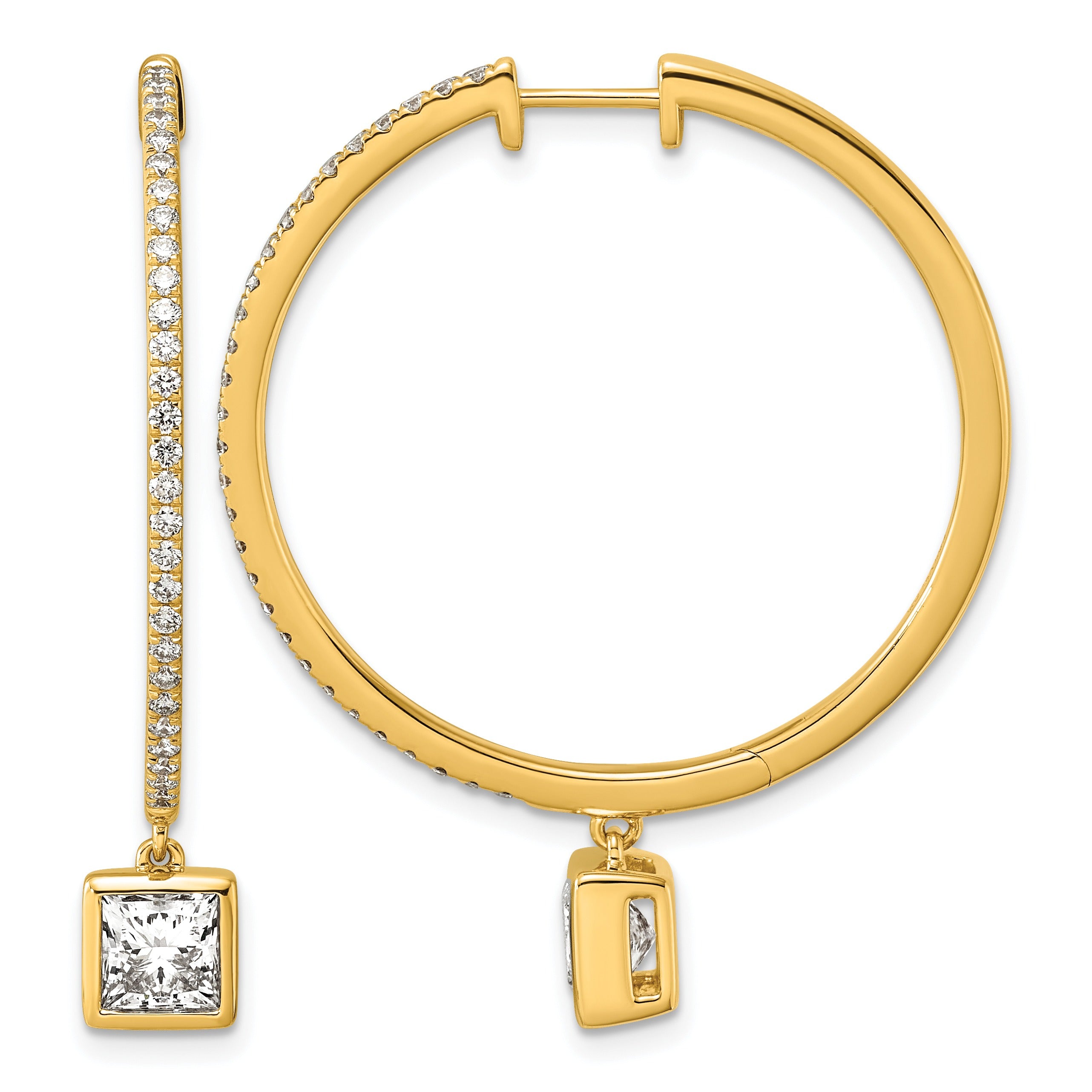 14k Yellow Gold  Princess Bezel Dangle Lab Grown Diamond Hoop Earrings
