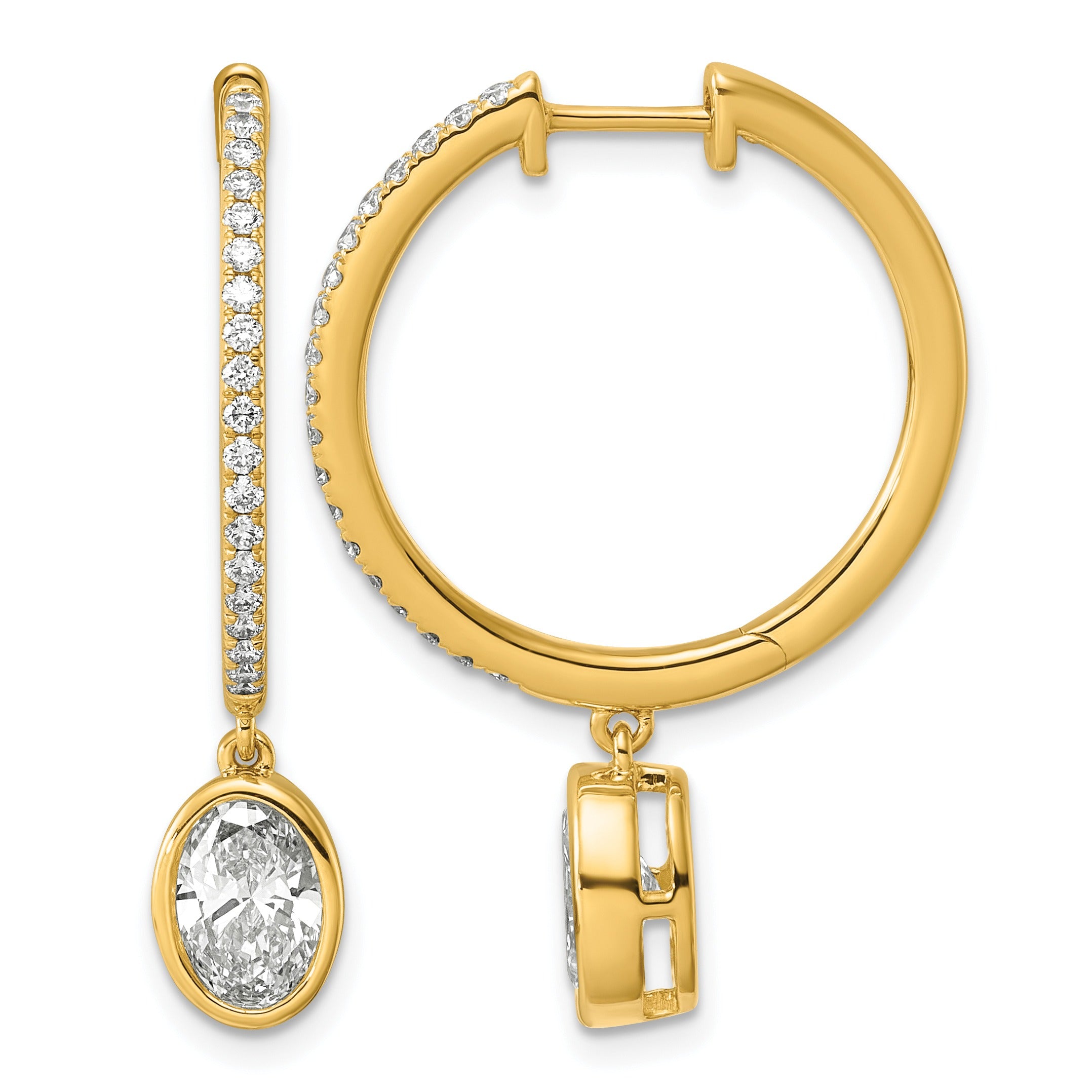 14k Yellow Gold Oval Bezel Dangle Lab Grown Diamond Hoop Earrings