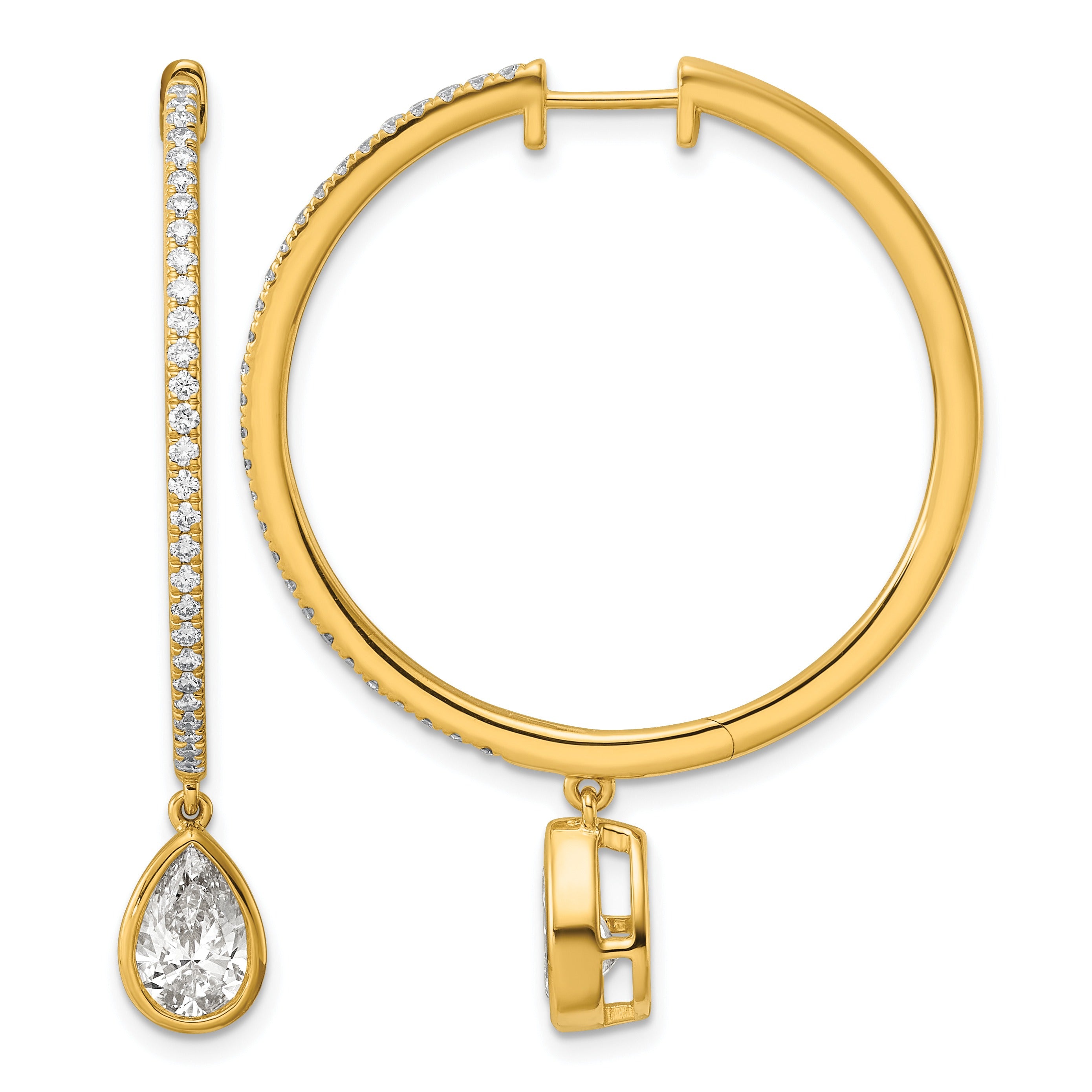 14k Yellow Gold Pear Bezel Dangle Lab Grown Diamond Hoop Earrings