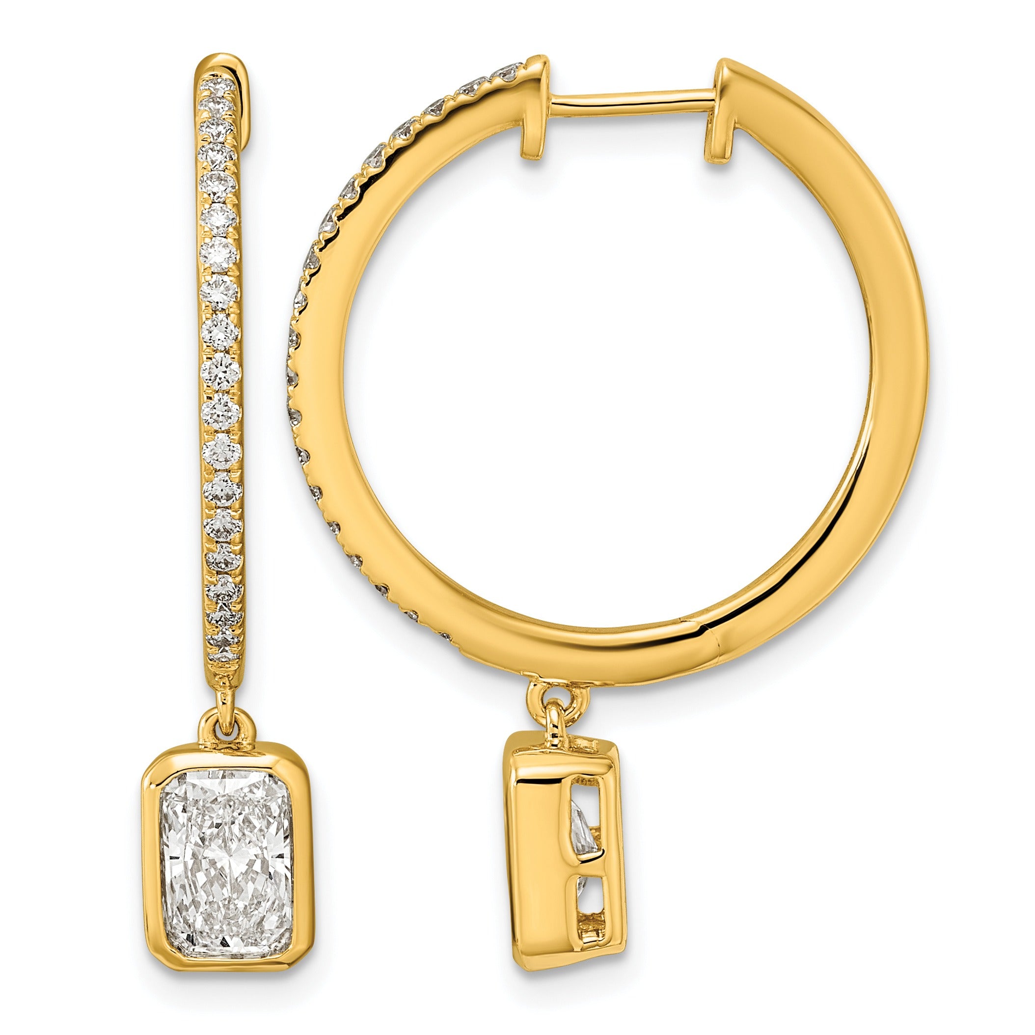 14k Yellow Emerald Bezel Dangle Lab Grown Diamond Hoop Earrings