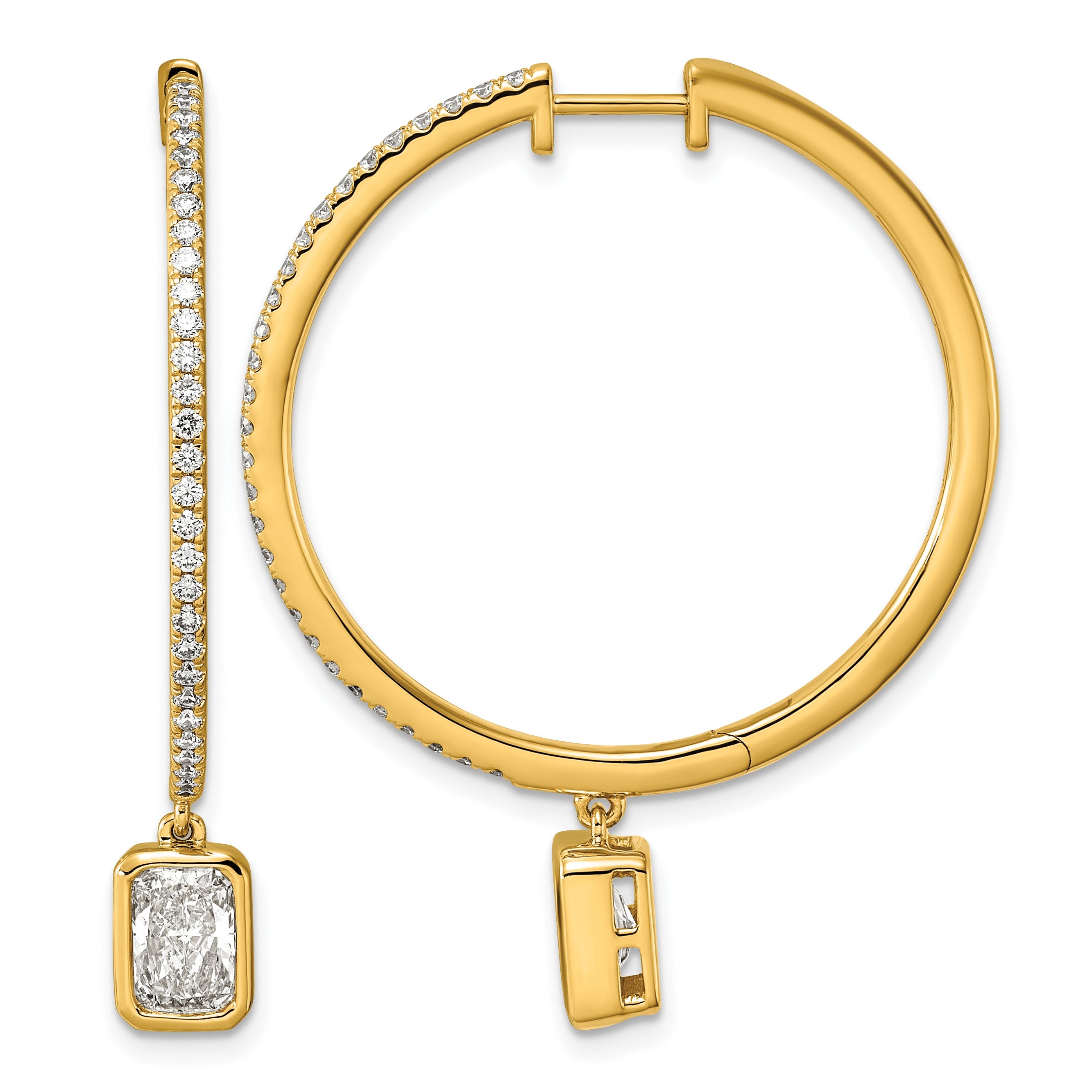 14k Yellow Gold Emerald Bezel Dangle Lab Diamond Hoop Earrings