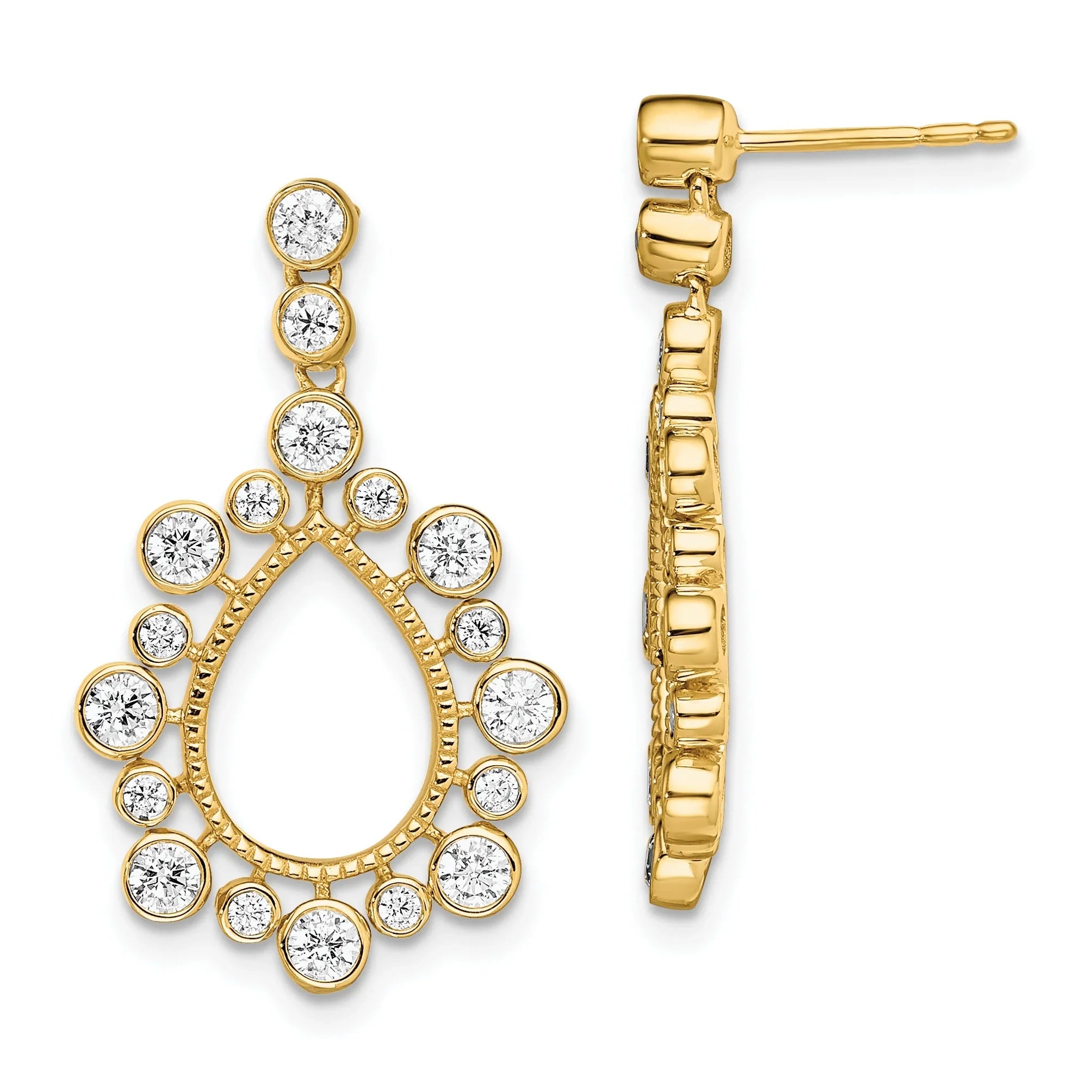 14k Gold Lab Diamond Teardrop Bezel Post Dangle Earrings - Fine Diamond