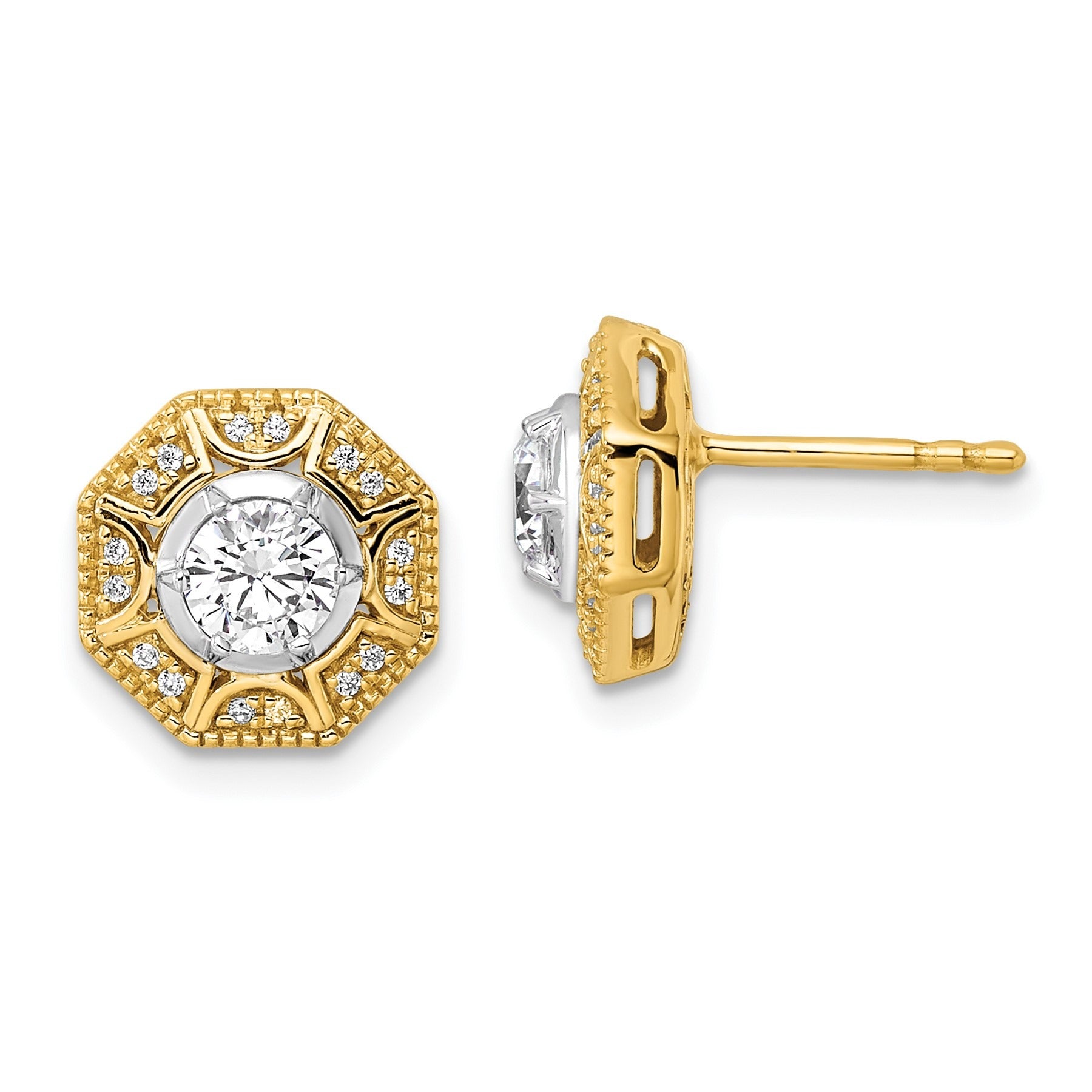 14K Two Tone Lab Grown Diamond Octogon Halo Post Stud Earrings