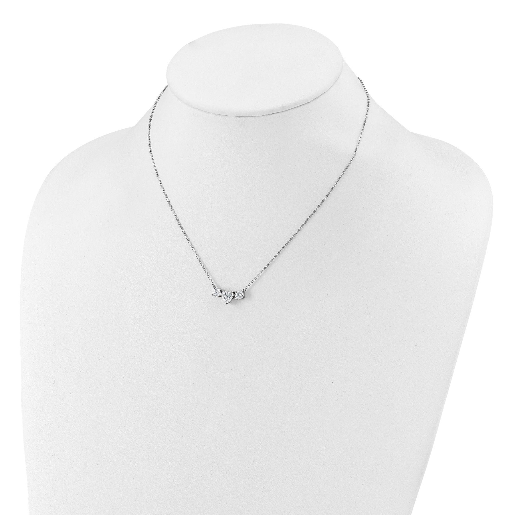 14k White Gold Lab Grown Diamond Three Stone Heart Bar Necklace