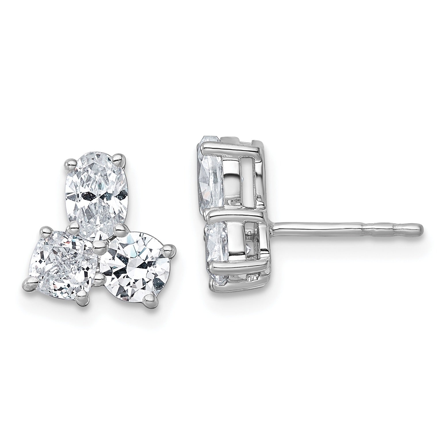 14K White Gold Lab Grown Diamond Cushion Three Stone Post Stud Earrings
