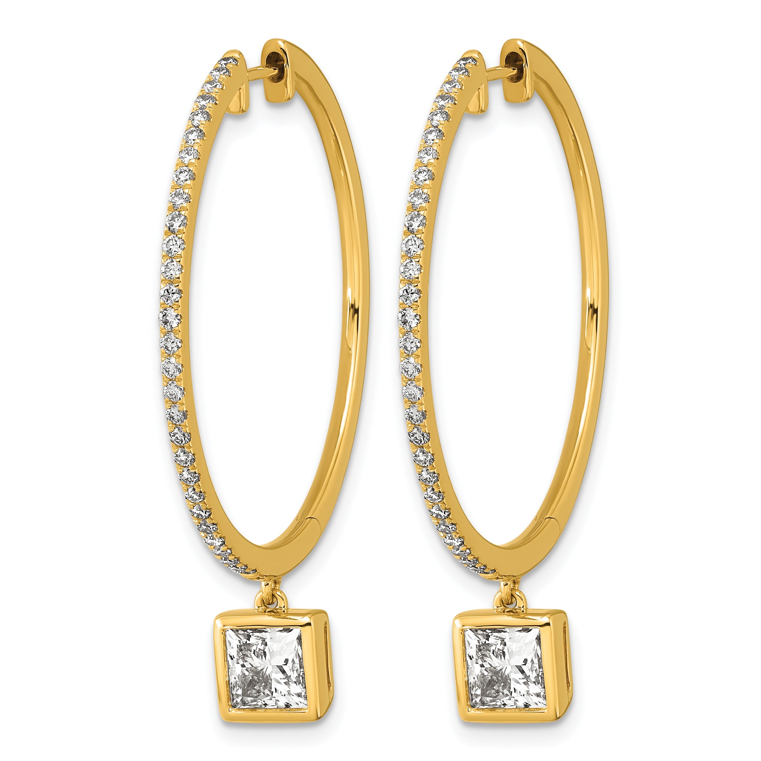 14k Yellow Gold  Princess Bezel Dangle Lab Grown Diamond Hoop Earrings