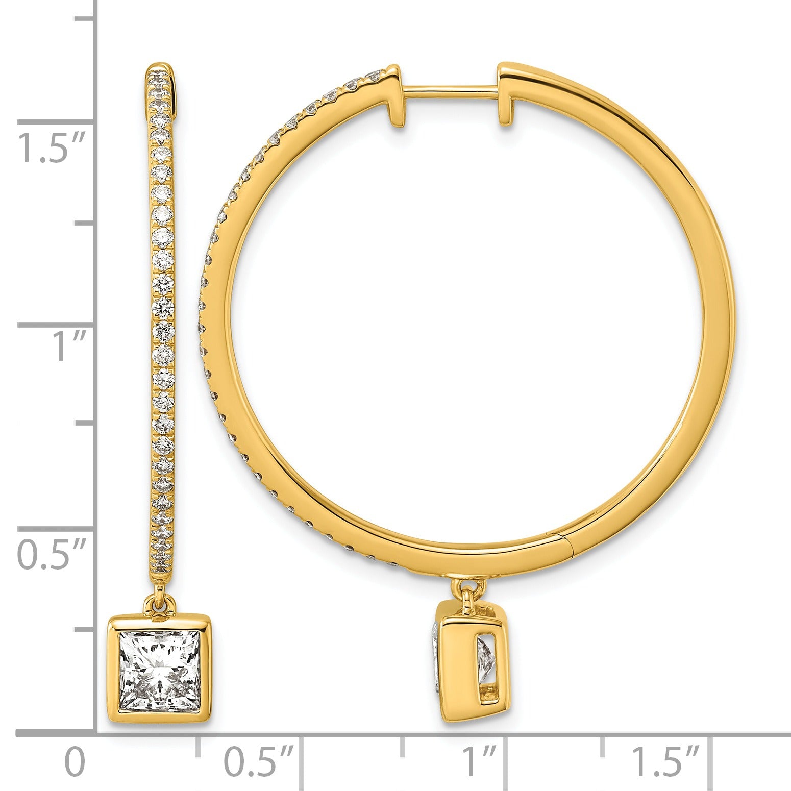 14k Yellow Gold  Princess Bezel Dangle Lab Grown Diamond Hoop Earrings
