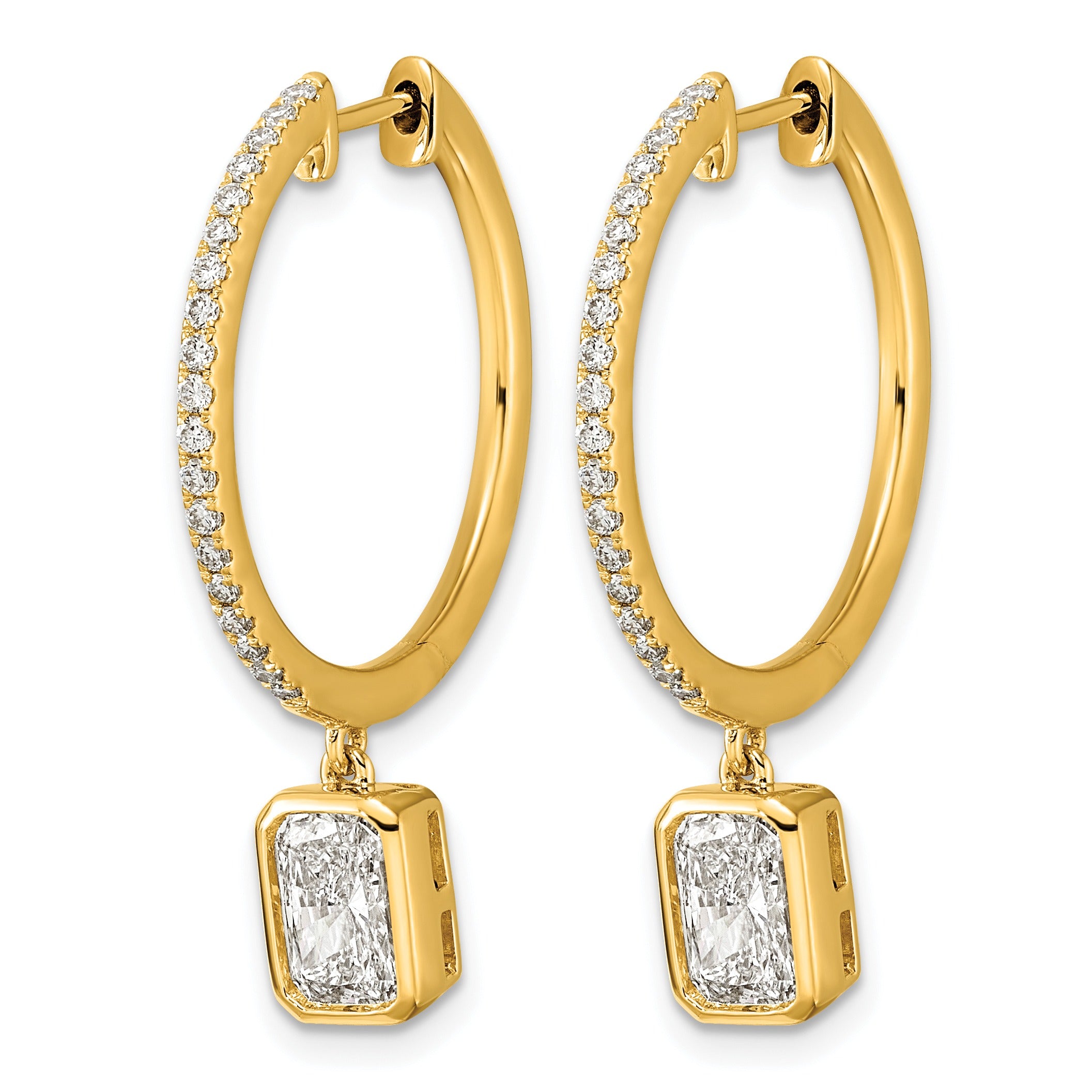14k Yellow Emerald Bezel Dangle Lab Grown Diamond Hoop Earrings