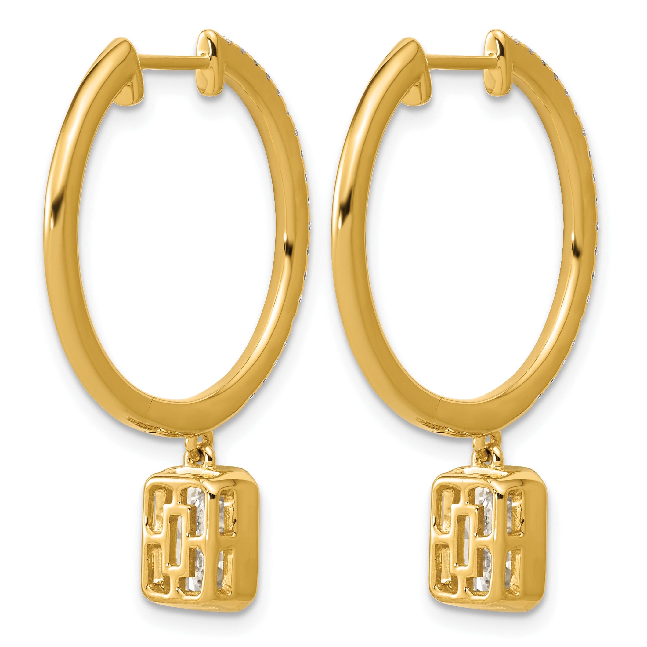 14k Yellow Emerald Bezel Dangle Lab Grown Diamond Hoop Earrings