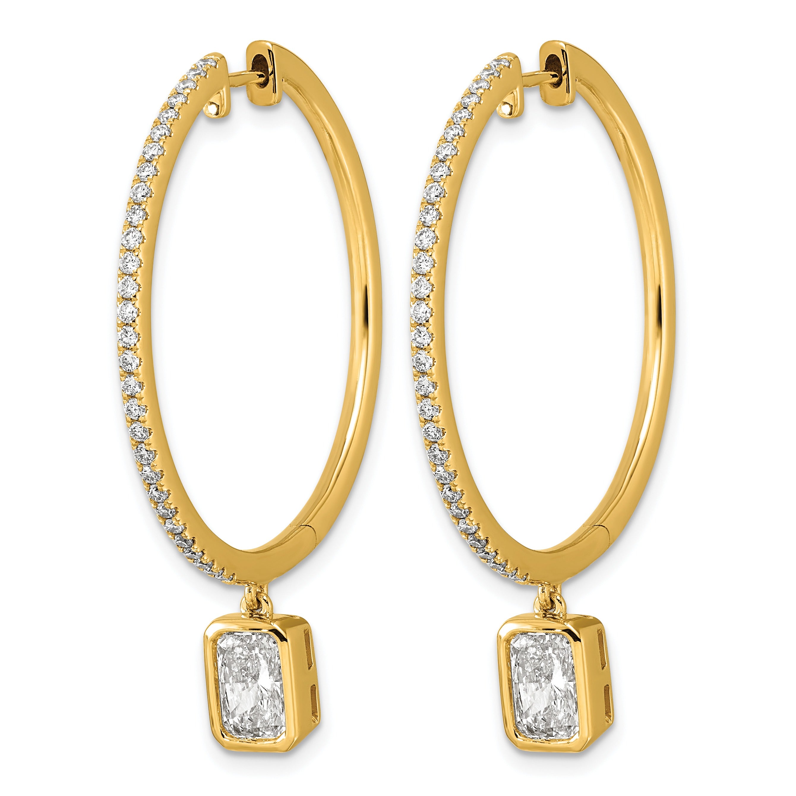 14k Yellow Gold Emerald Bezel Dangle Lab Diamond Hoop Earrings