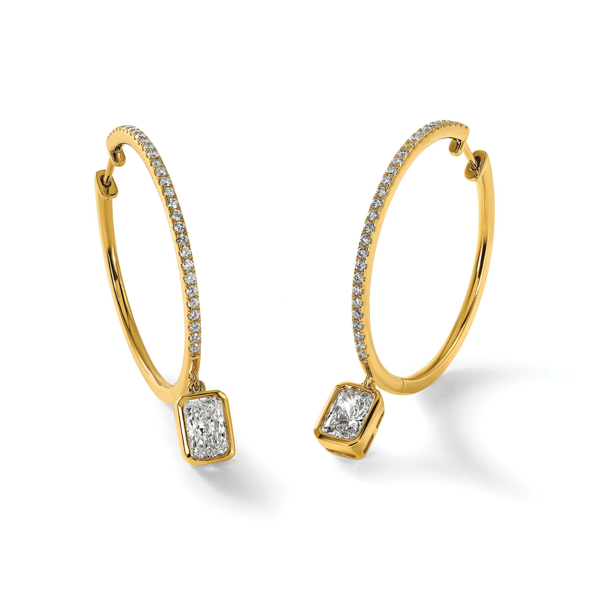 14k Yellow Gold Emerald Bezel Dangle Lab Diamond Hoop Earrings