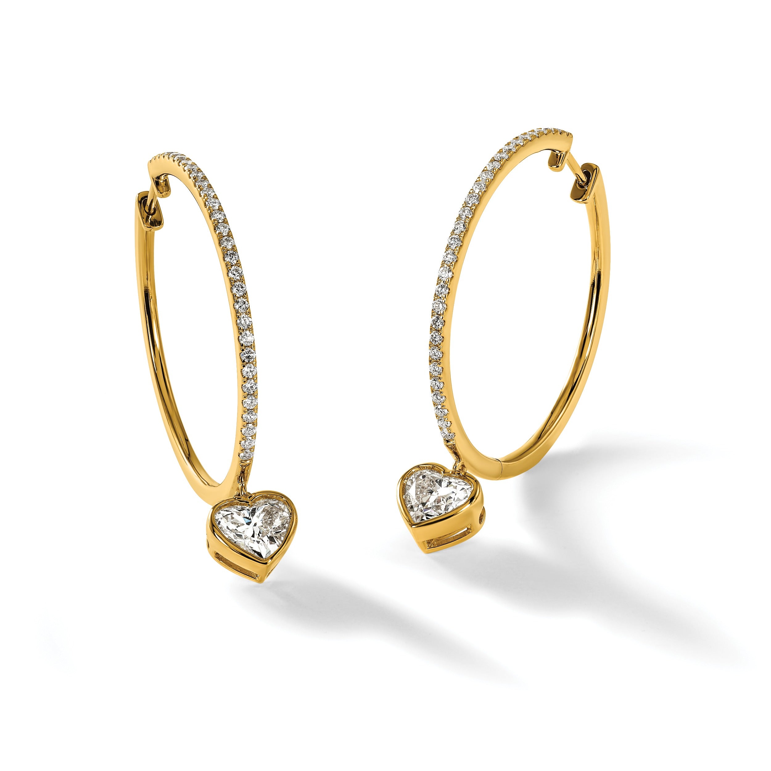 14k Yellow Gold Heart Bezel Dangle Lab Diamond Hoop Earrings