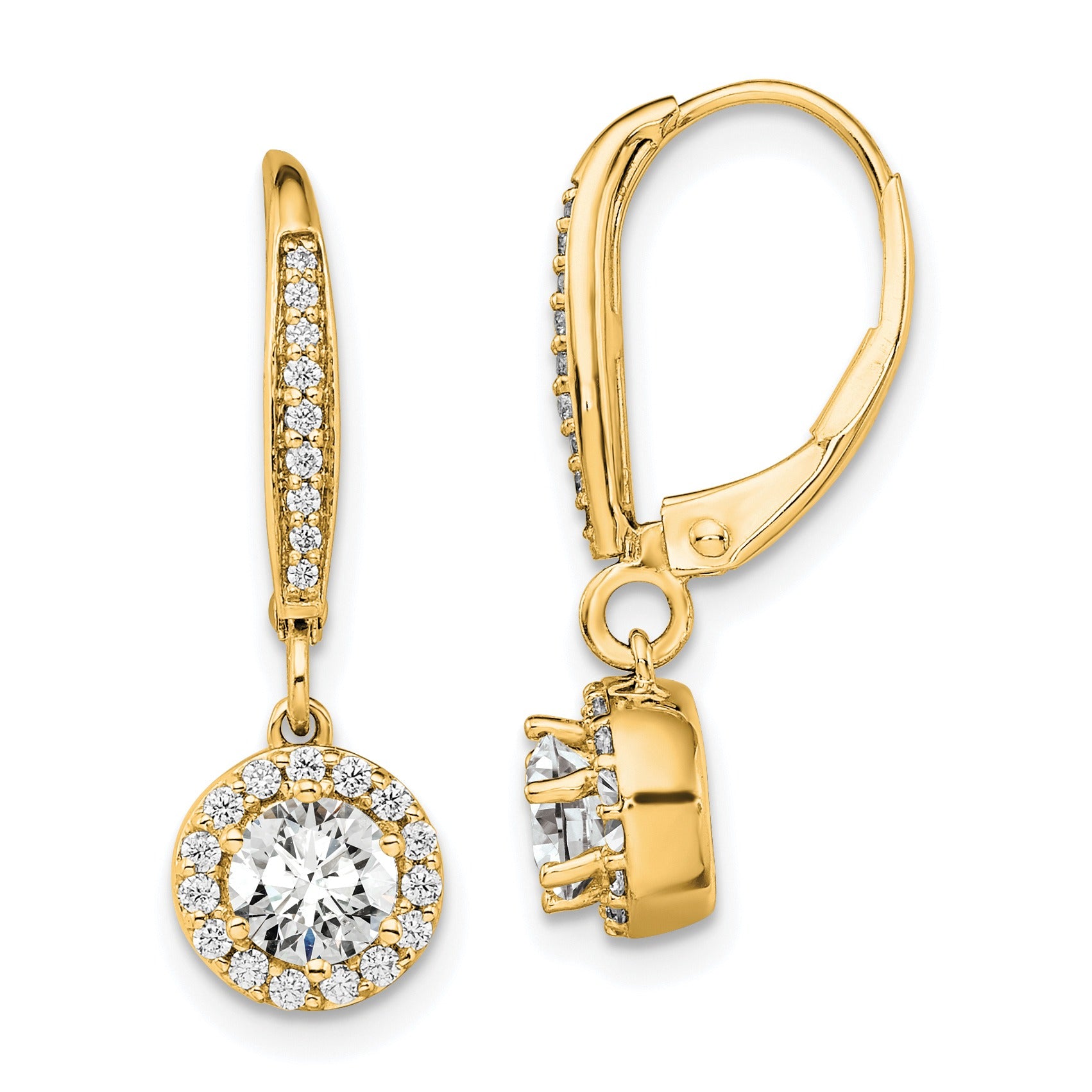 14k Gold Lab Diamond Halo Drop Leverback Earrings