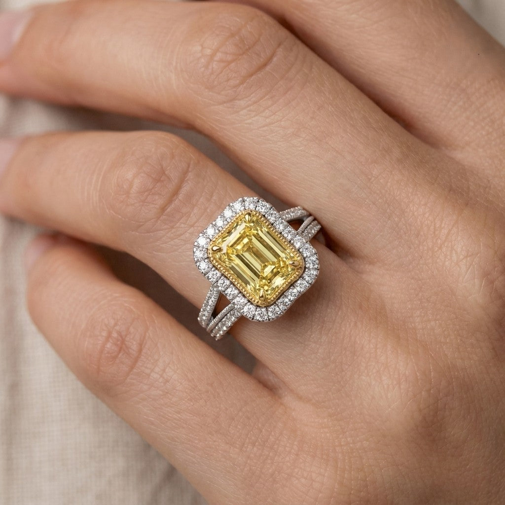 2.5Cttw Radiant Shaped Fancy Yellow Lab Grown Diamond (F/VS) Split Shank Engagement Halo Ring in 14K Gold