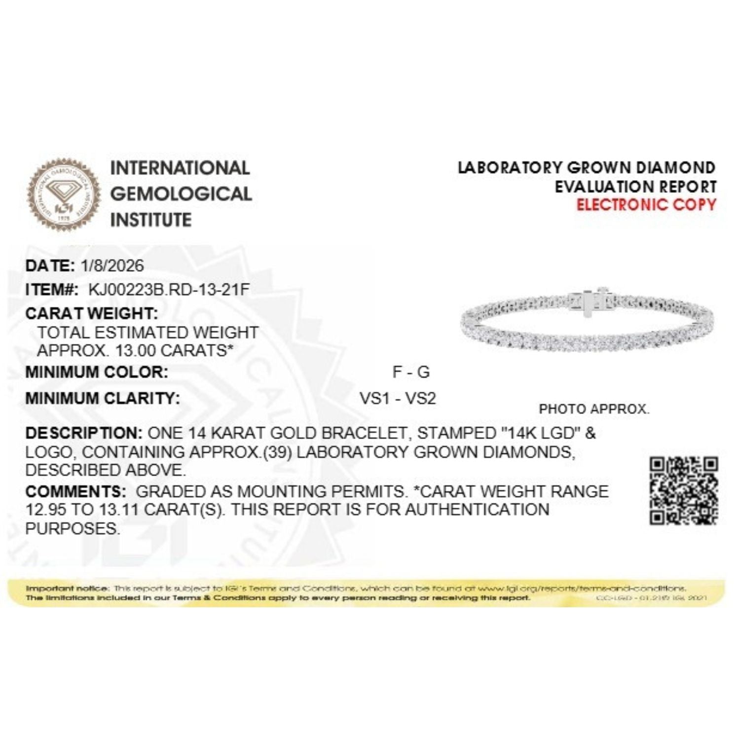 Round Shaped Lab Grown Diamond (F/VS) Classic Tennis Bracelet in 14K White Gold